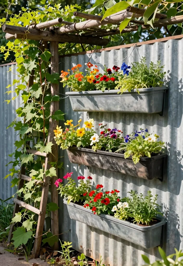 14 Corrugated Metal Fence Ideas That Block Noise and Nosy Neighbors - 3. Vertical Garden Integration 1