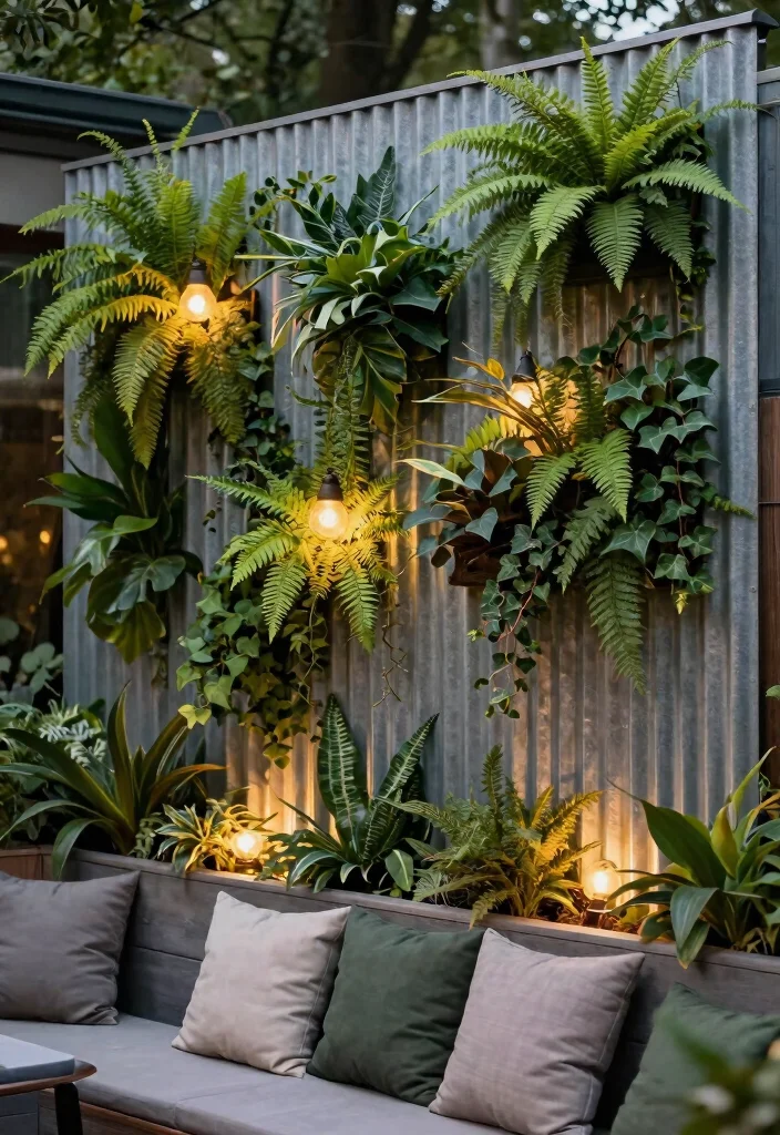 14 Corrugated Metal Fence Ideas That Block Noise and Nosy Neighbors - 4. Green Wall Masterpiece 1