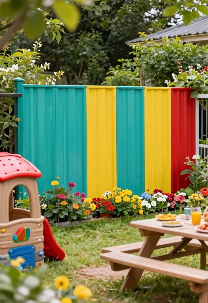 14 Corrugated Metal Fence Ideas That Block Noise and Nosy Neighbors - 6. Colorful Corrugated Designs 1
