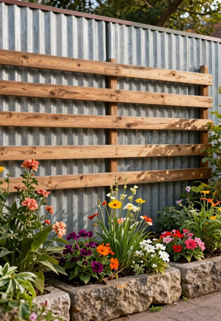14 Corrugated Metal Fence Ideas That Block Noise and Nosy Neighbors - 7. Layered Textures 1