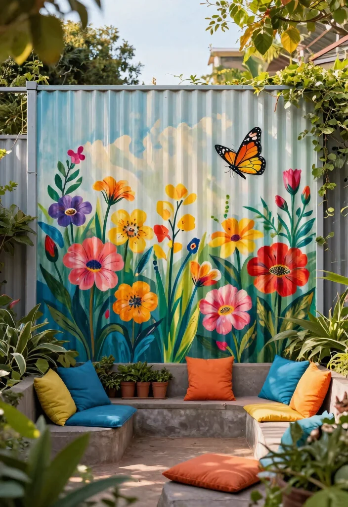 14 Corrugated Metal Fence Ideas That Block Noise and Nosy Neighbors - 8. Artistic Murals 1