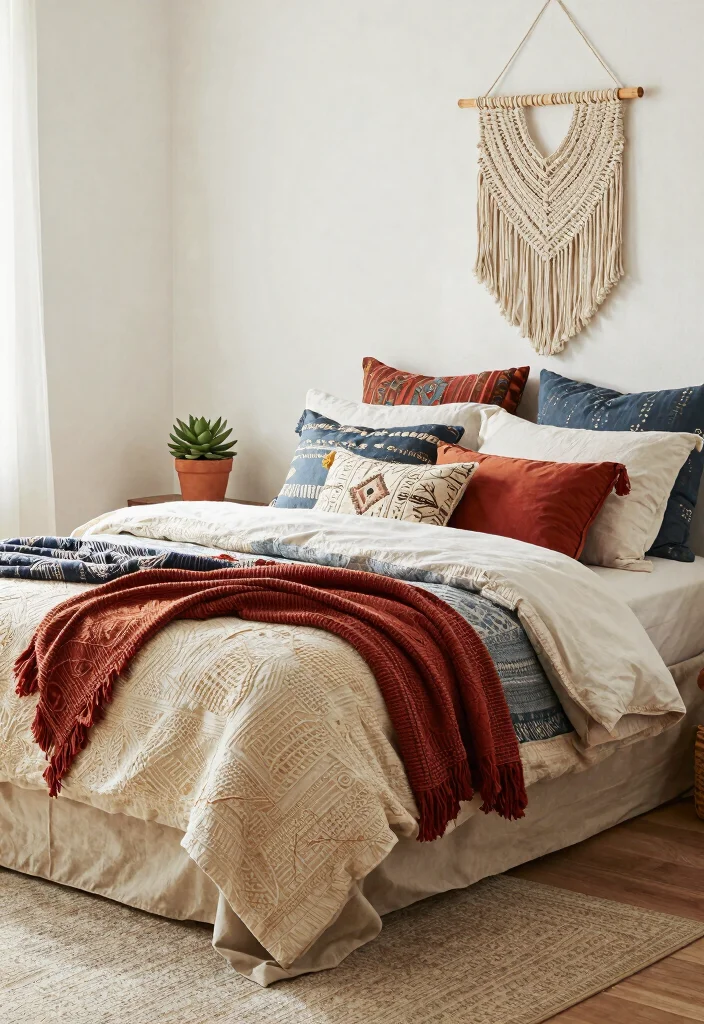 14 Farmhouse Bedding Set Ideas That Feel Cozy Without Looking Cluttered - 6. Boho-Chic Vibes 1