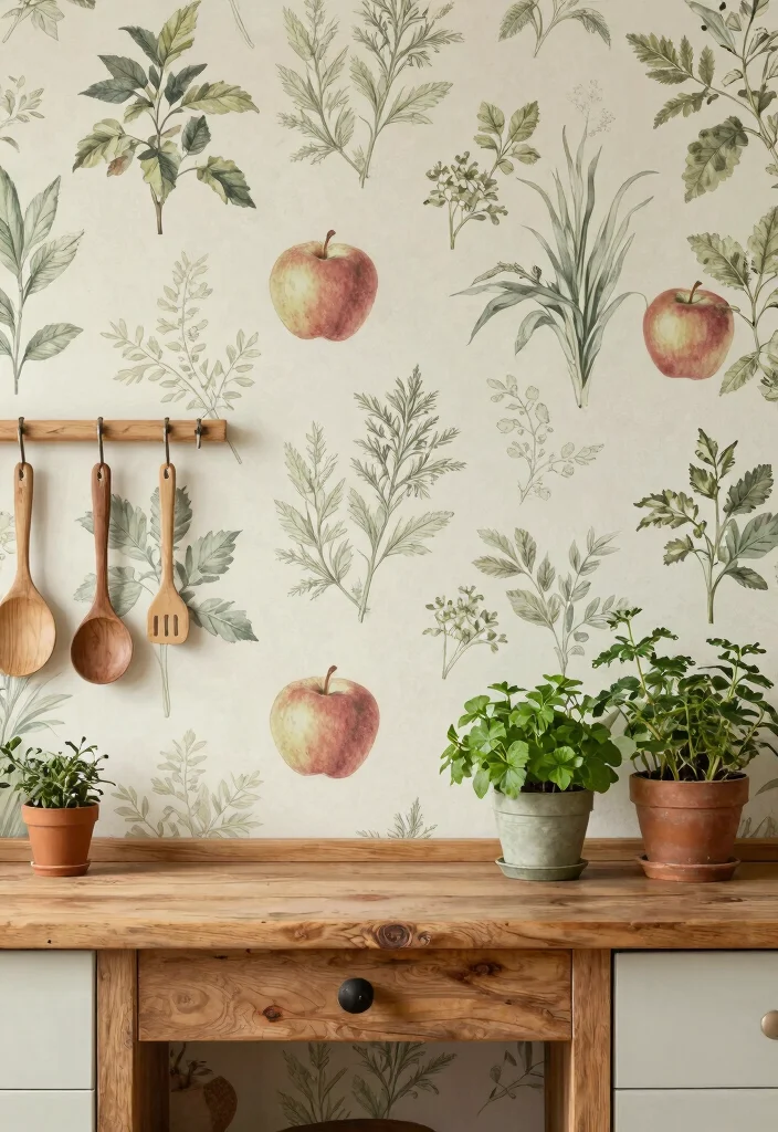 14 Farmhouse Style Wallpaper Ideas That Don't Overwhelm Small Rooms - 3. Vintage Fruit and Vegetable Prints 1