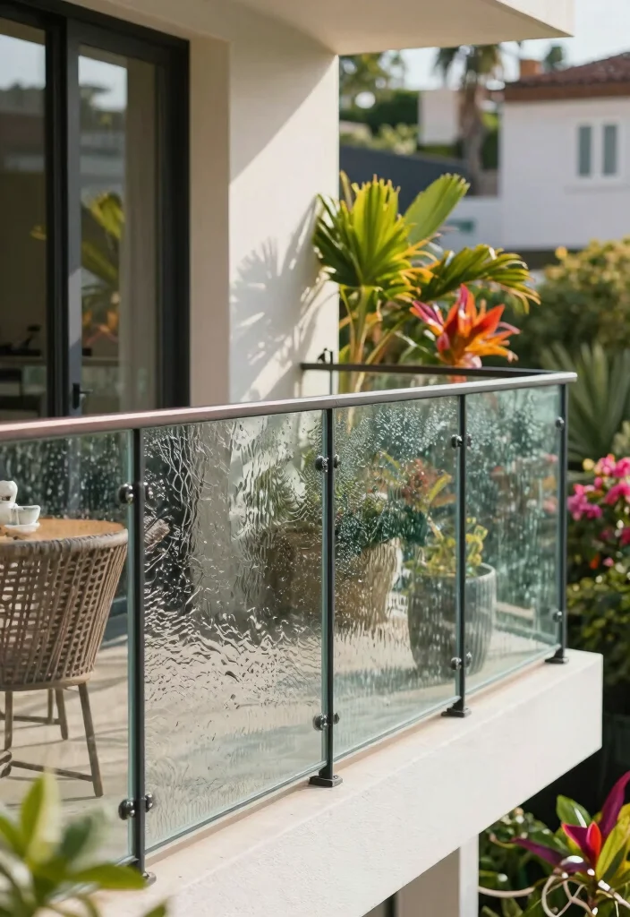 14 Glass Balcony Railing Concepts That Stay Clear Without Constant Cleaning - 13. Textured Glass Railings for Added Interest 1