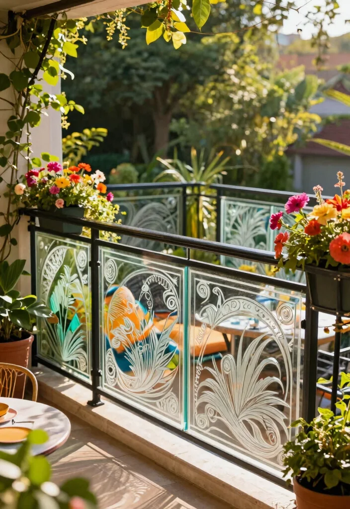 14 Glass Balcony Railing Concepts That Stay Clear Without Constant Cleaning - 4. Decorative Glass Railings with Patterns 1