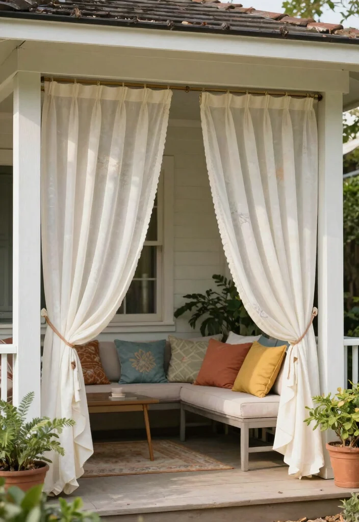14 Small Front Porch Decor Ideas That Make a Tiny Entry Feel Welcoming - 13. Decorative Outdoor Curtains 1