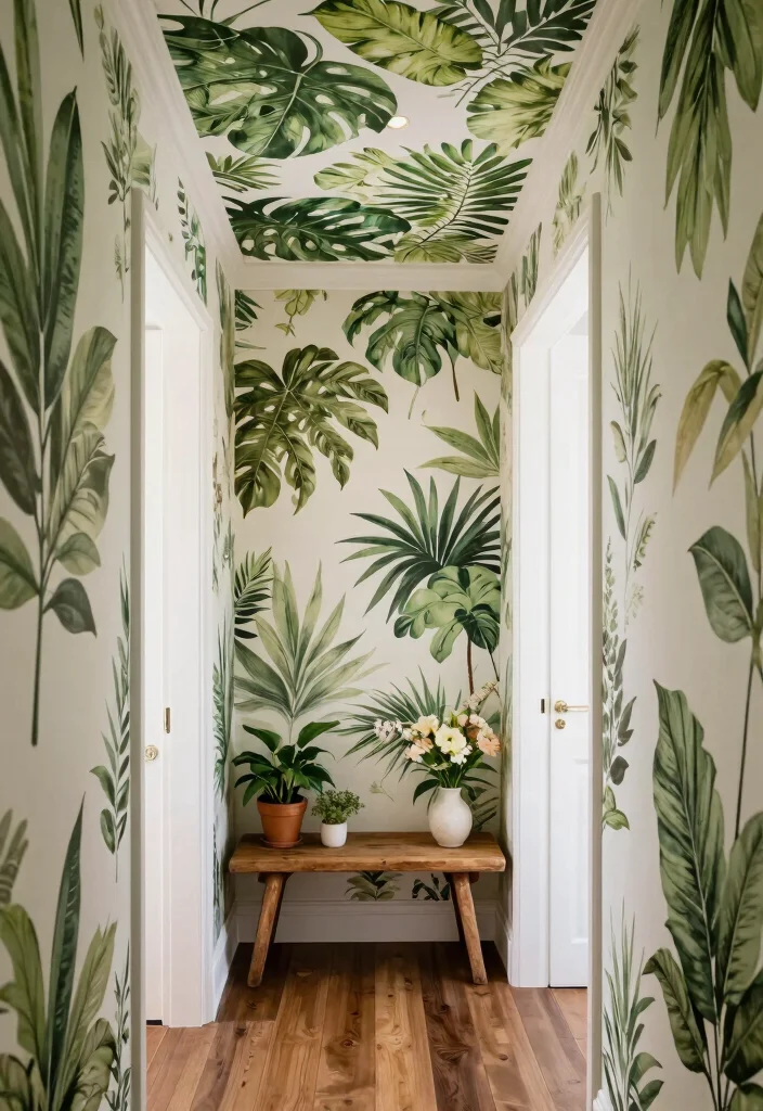 14 Wallpaper Ceiling Hallway Ideas That Make a Narrow Space Feel Taller - 1. Lush Botanical Prints 1