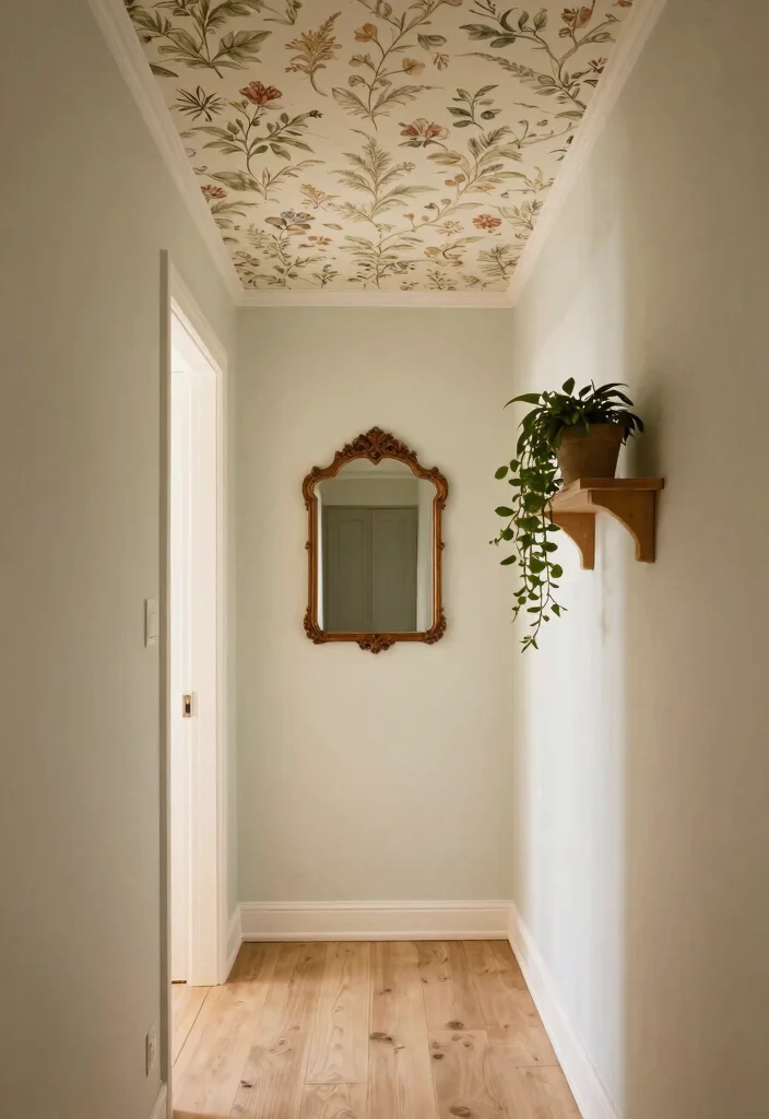 14 Wallpaper Ceiling Hallway Ideas That Make a Narrow Space Feel Taller - 10. Vintage Botanical Wallpaper 1