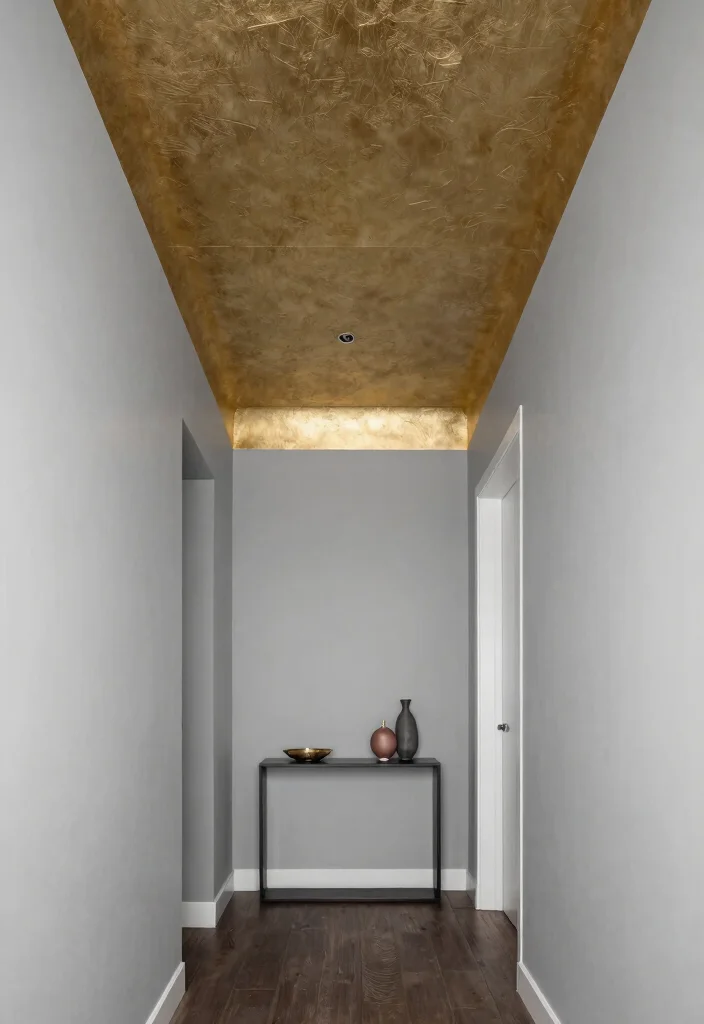 14 Wallpaper Ceiling Hallway Ideas That Make a Narrow Space Feel Taller - 12. Modern Metallic Accents 1