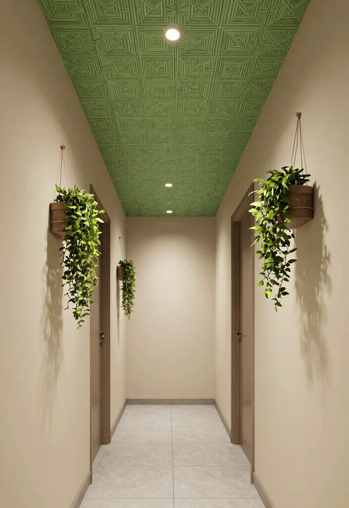 14 Wallpaper Ceiling Hallway Ideas That Make a Narrow Space Feel Taller - 3. Geometric Patterns with Greens 1
