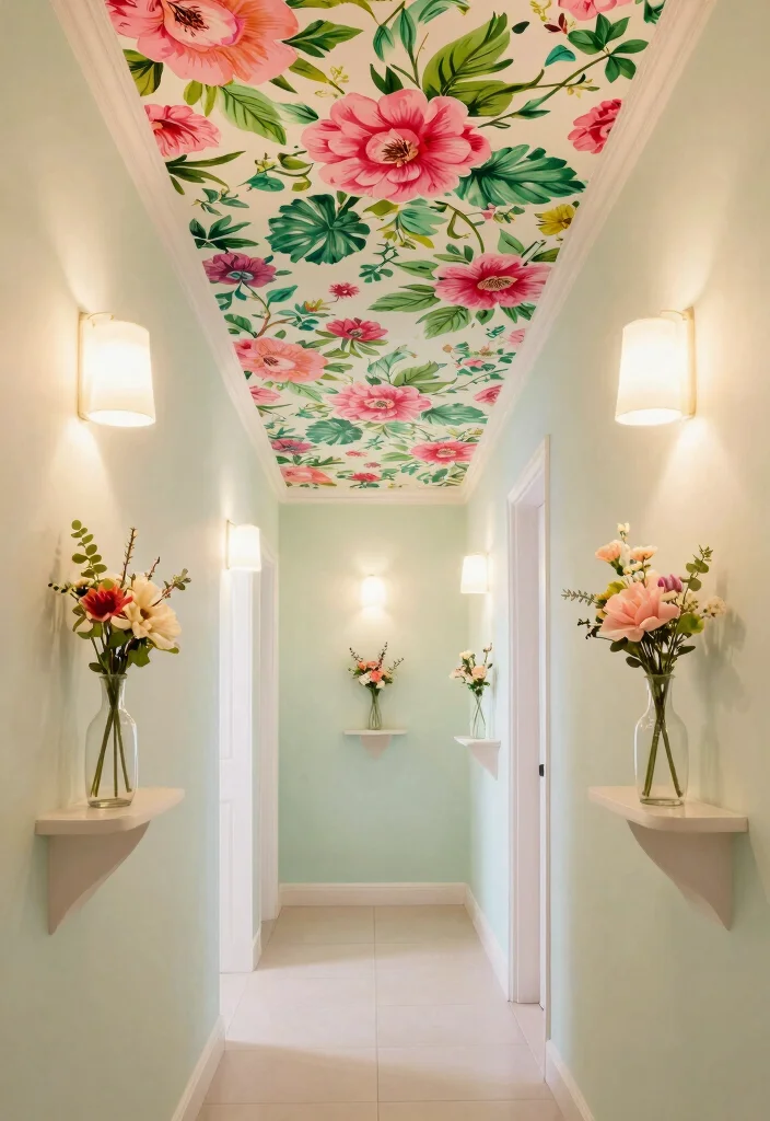 14 Wallpaper Ceiling Hallway Ideas That Make a Narrow Space Feel Taller - 4. Floral Overhead Oasis 1