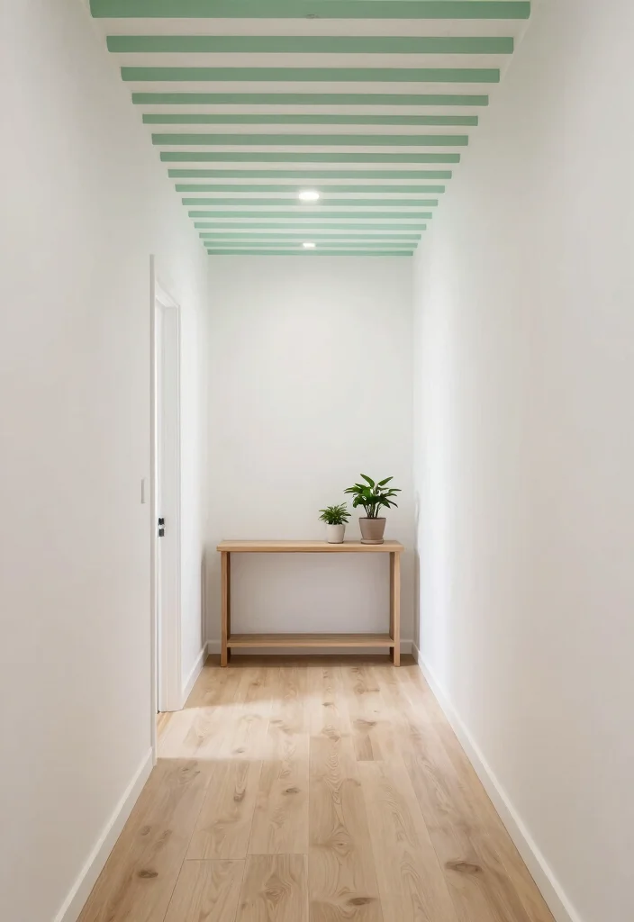 14 Wallpaper Ceiling Hallway Ideas That Make a Narrow Space Feel Taller - 5. Minimalistic Green Stripes 1