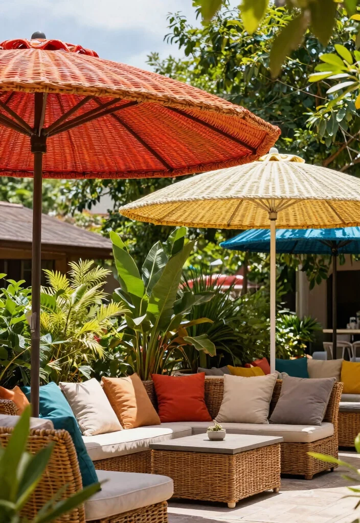 14 Wicker Patio Furniture Sets That Won't Fall Apart in Rain - 12. Vibrant Wicker Patio Umbrellas 1