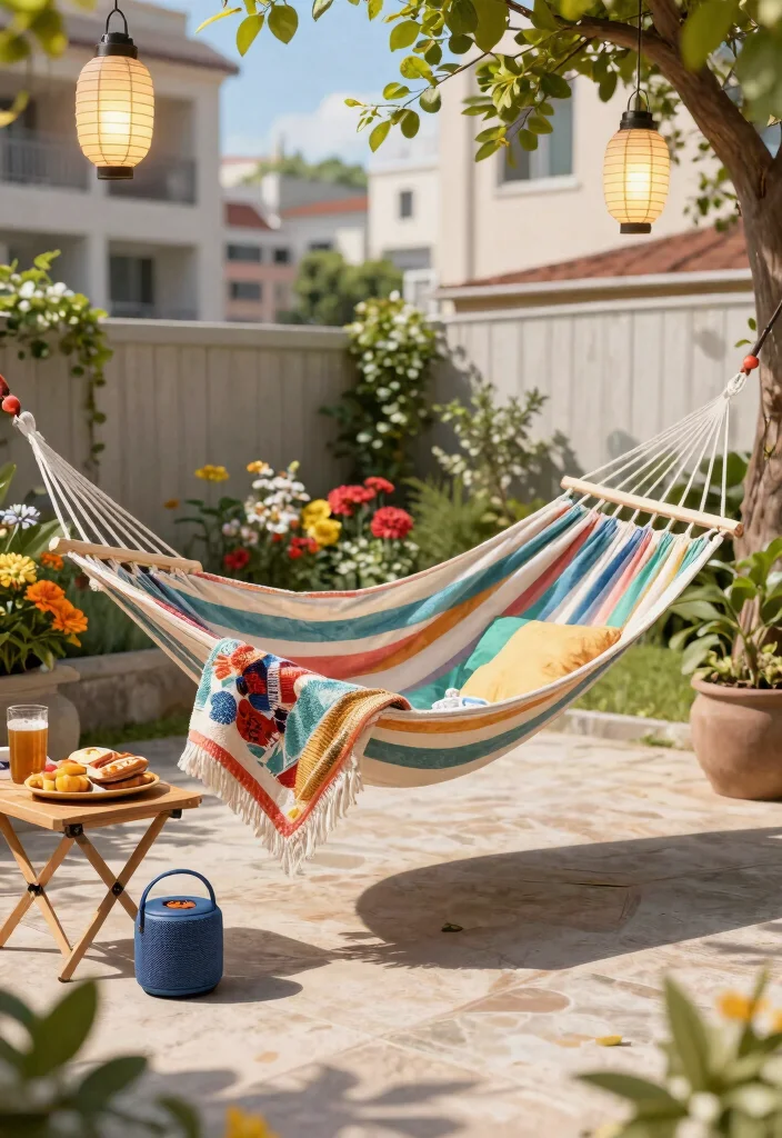 15 Backyard Hammock Ideas That Don't Need Two Perfect Trees - 15. Hammock ‘Vibes’ with Accessories 1