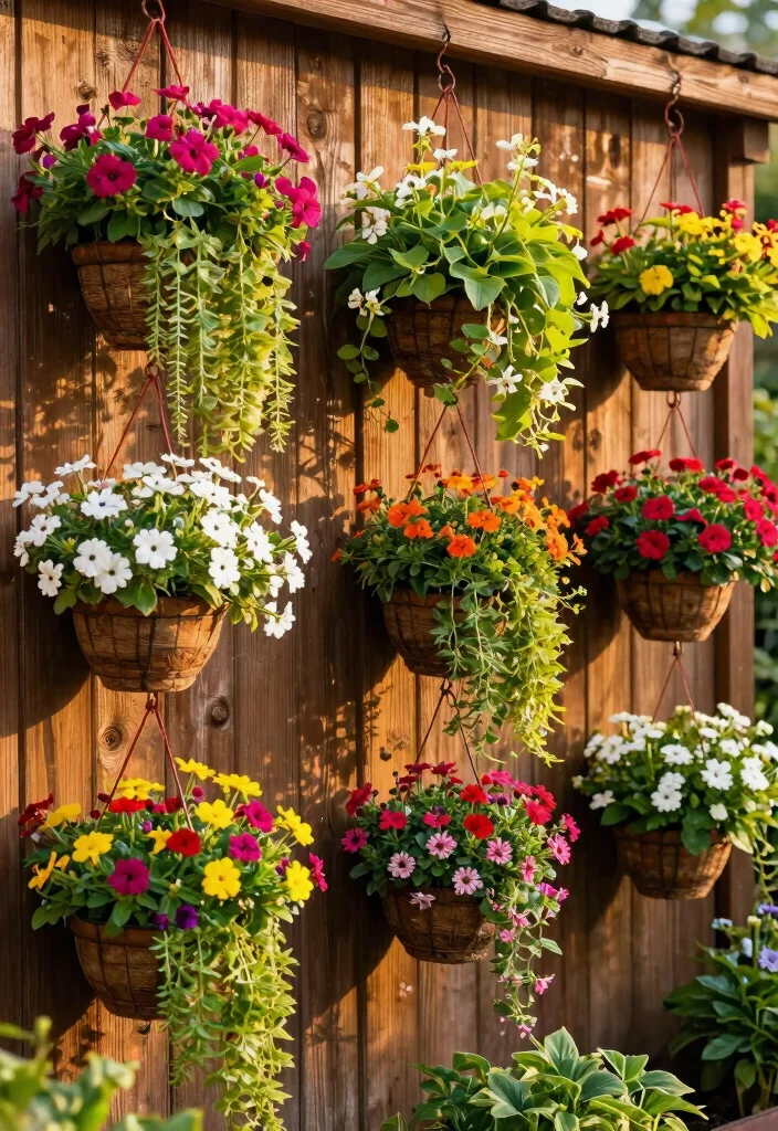 15 Garden Wall Planter Ideas That Hide Ugly Fences - 13. Hanging Baskets for Drama 1