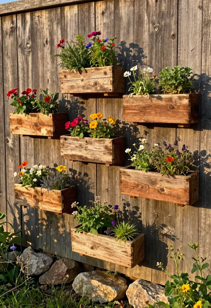 15 Garden Wall Planter Ideas That Hide Ugly Fences - 2. Rustic Wooden Planters 1