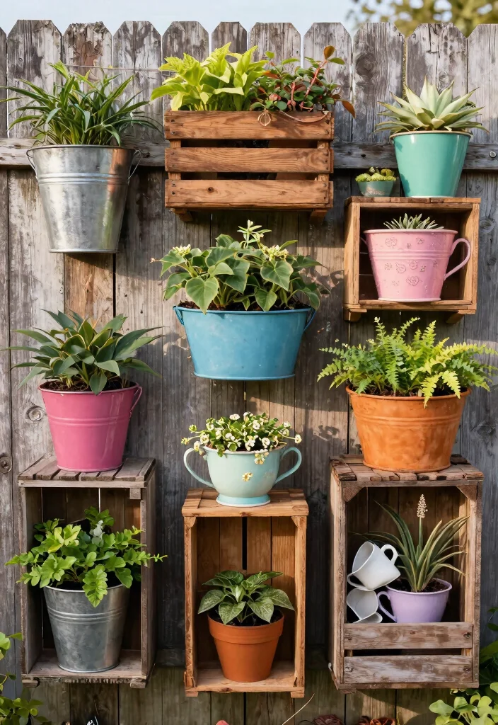 15 Garden Wall Planter Ideas That Hide Ugly Fences - 6. Repurposed Items as Planters 1