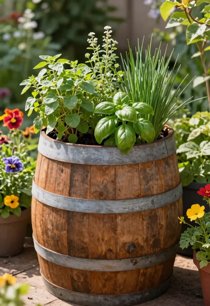 15 Herb Planter Box Ideas That Drain Well and Don't Rot - 12. Wine Barrel Planters 1