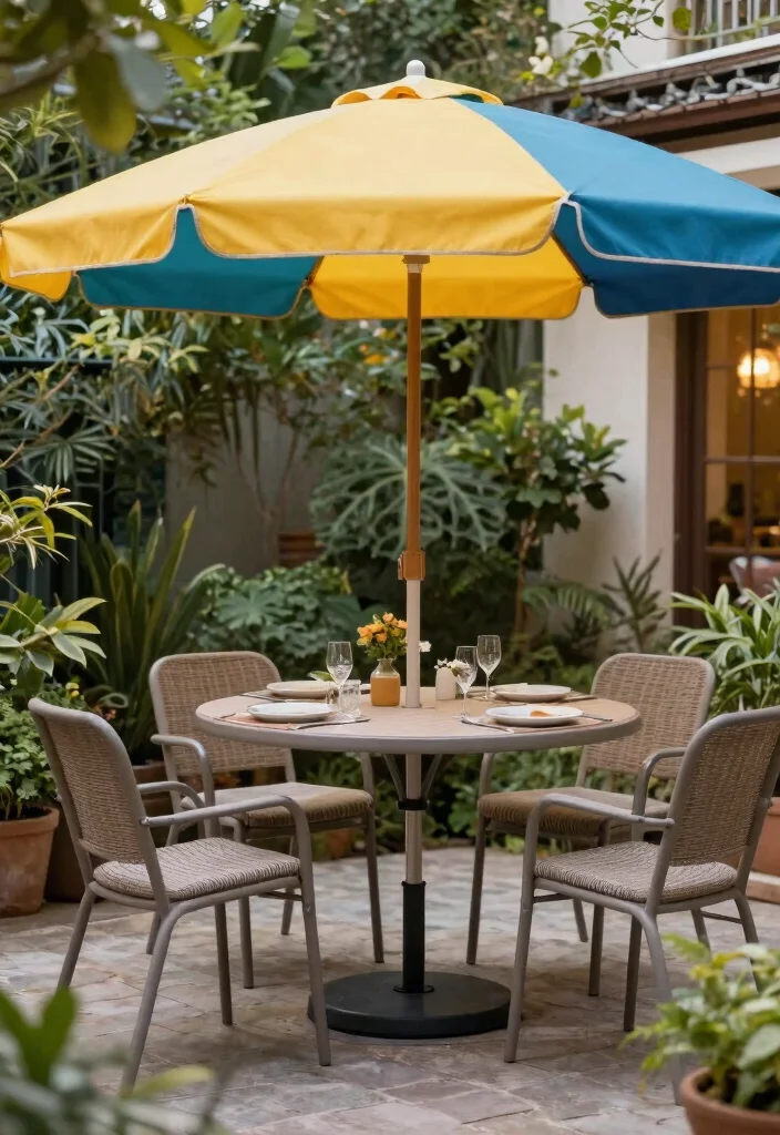 15 Outdoor Dinner Table Ideas That Seat More Without Taking Up Space - 11. Table with Umbrella Stand 1