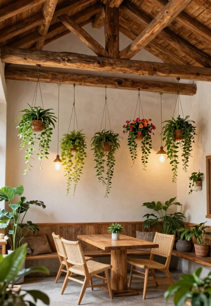 15 Vaulted Ceiling Beams Ideas That Make Low Ceilings Feel Taller - 1. Rustic Wooden Beams with Hanging Plants 1
