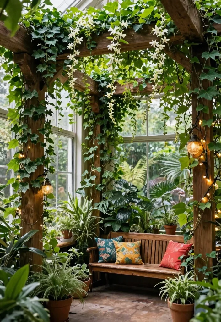 15 Vaulted Ceiling Beams Ideas That Make Low Ceilings Feel Taller - 3. Beams Wrapped in Greenery 1