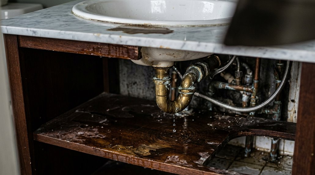 bathroom sink leak underneath appears