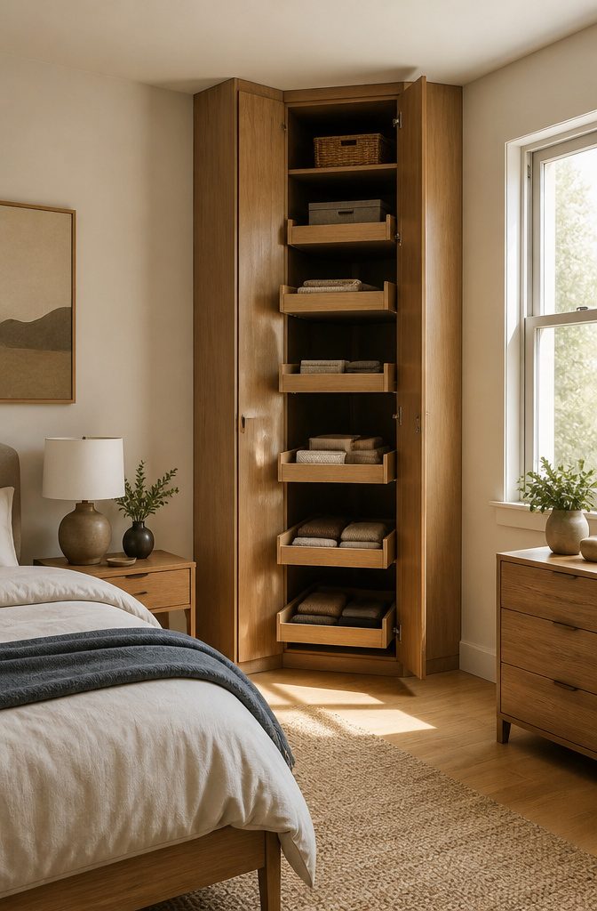 10 Bedroom Cabinet Ideas to Organize and Complete a Room in 2026 5 A corner cabinet fitted into the angle of two walls in a bedroom.