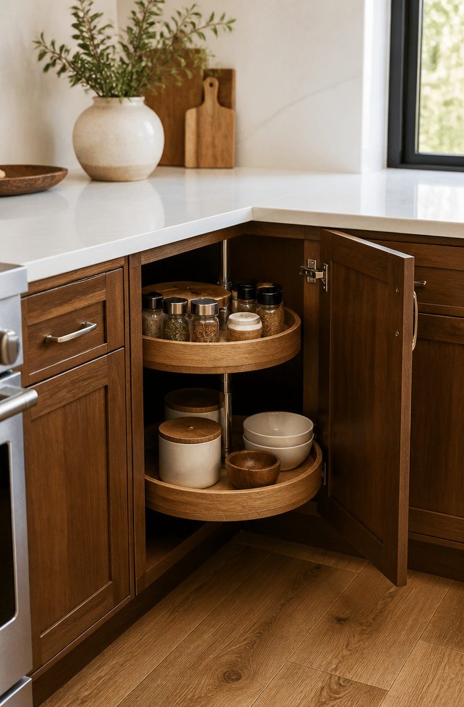 11 End Corner Kitchen Cabinet Ideas That Maximize Space 2 A Lazy Susan with adjustable tiers in a corner cabinet displaying spices.