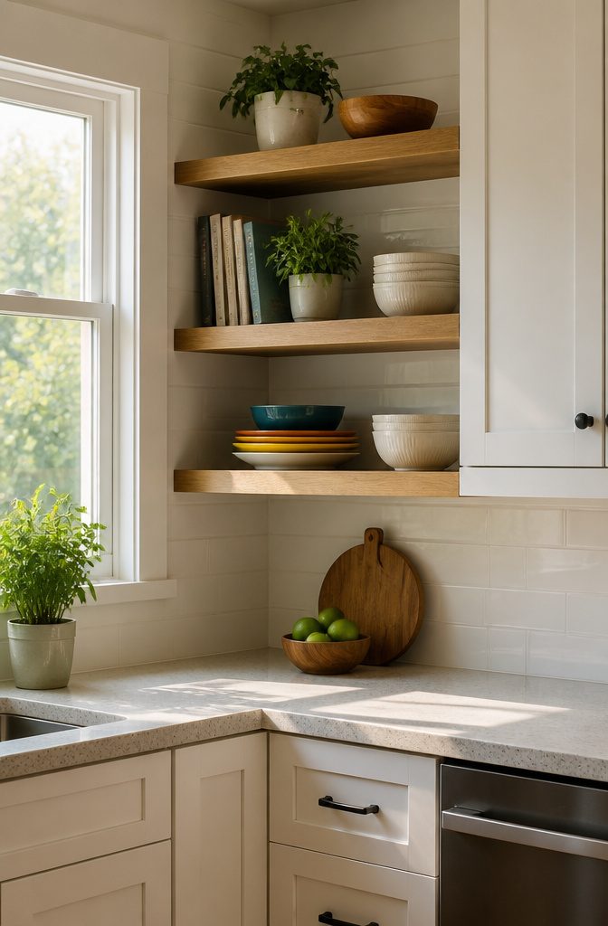 11 End Corner Kitchen Cabinet Ideas That Maximize Space 7 Open corner shelves holding cookbooks and dishes in a kitchen.