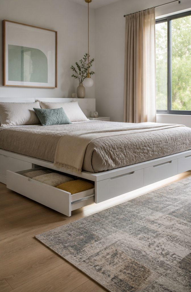 10 Bedroom Cabinet Ideas to Organize and Complete a Room in 2026 9 A platform bed with integrated drawers for storage in a small bedroom.