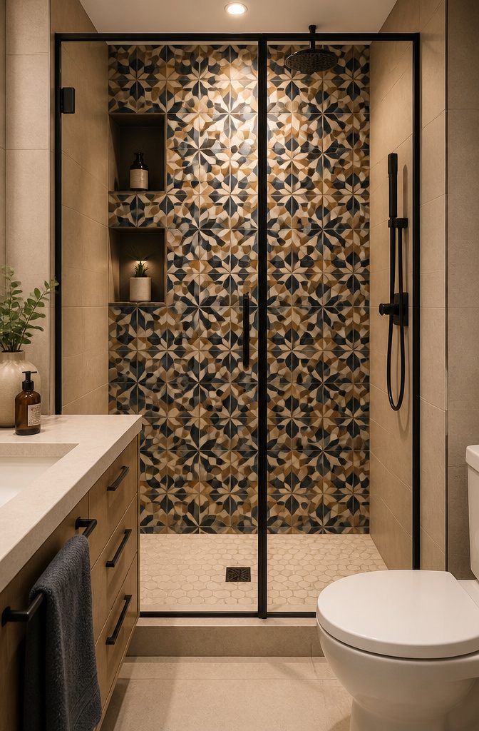 10 Small Bathroom Shower Ideas for 2026 Renovations 11 A bold accent wall contrasts with simpler side walls in a shower area.