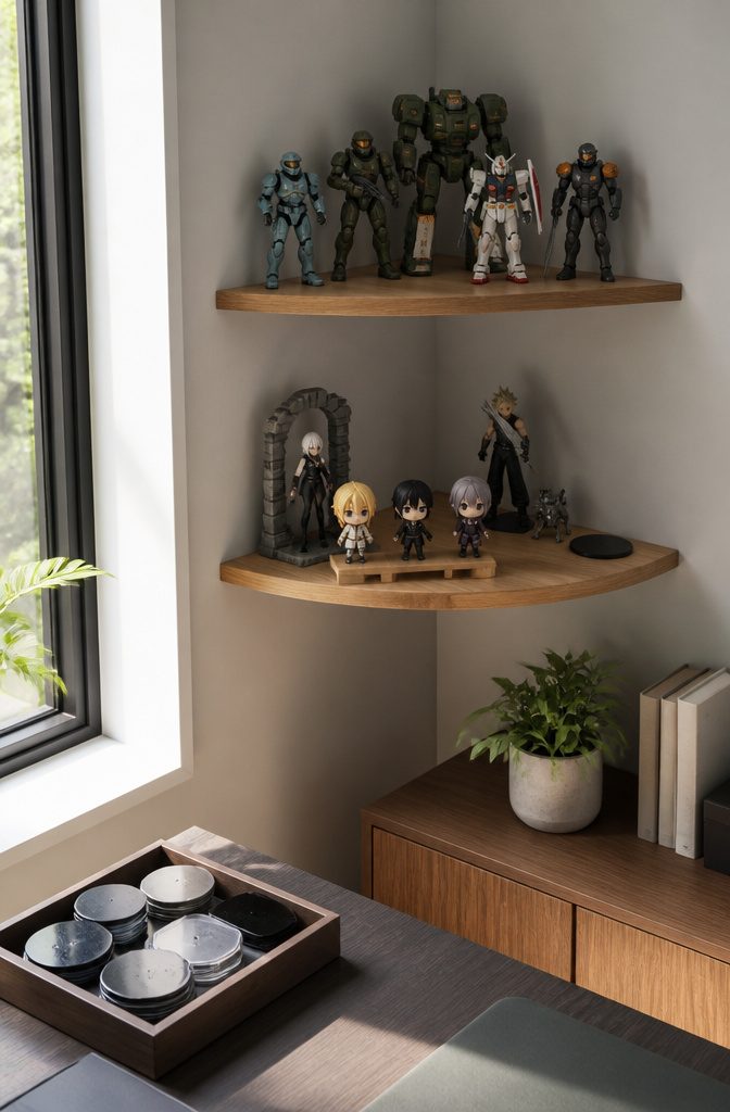 How to Display Figurines: 13 Methods That Work 13 Small and large figurines arranged at different heights on a corner shelf
