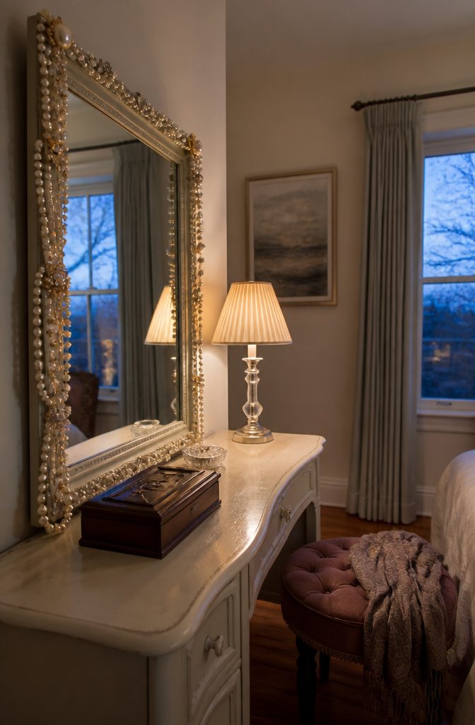 17 Ways to Decorate a Mirror Frame (Materials & Methods) 17 Mirror frame decorated with pearl strands crystal beads and vintage brooches