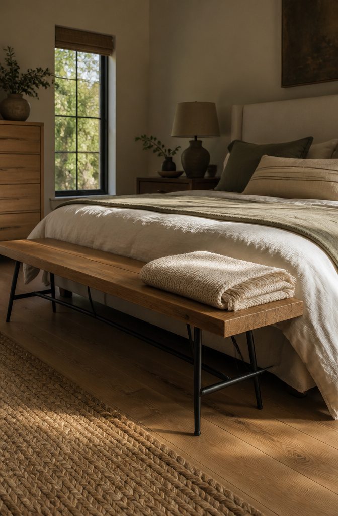 Bedroom with a bed bench holding folded blankets at the foot of the bed