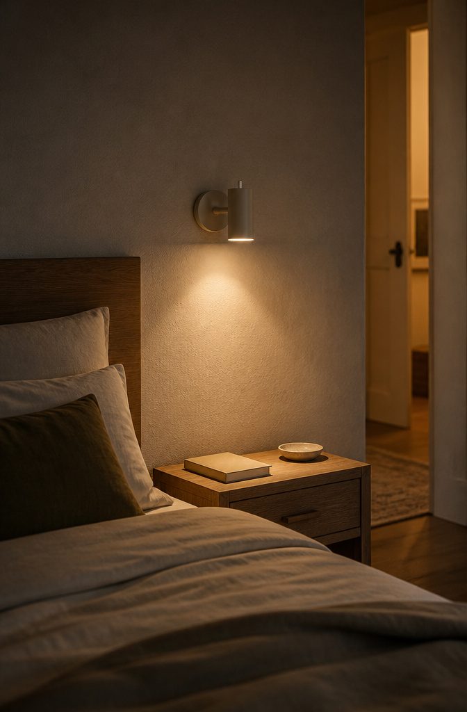 Bedside table lamp beside a bed with its shade near pillow height