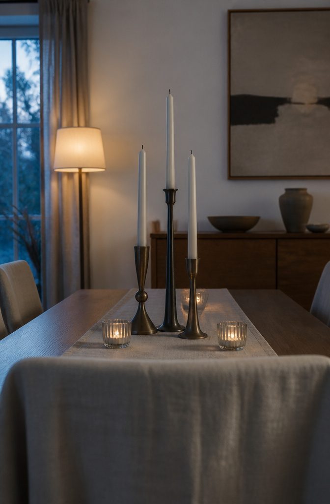 17 Ways to Decorate a Dining Table (With Style Tips) 6 Metal candleholders with taper candles beside two glass votives