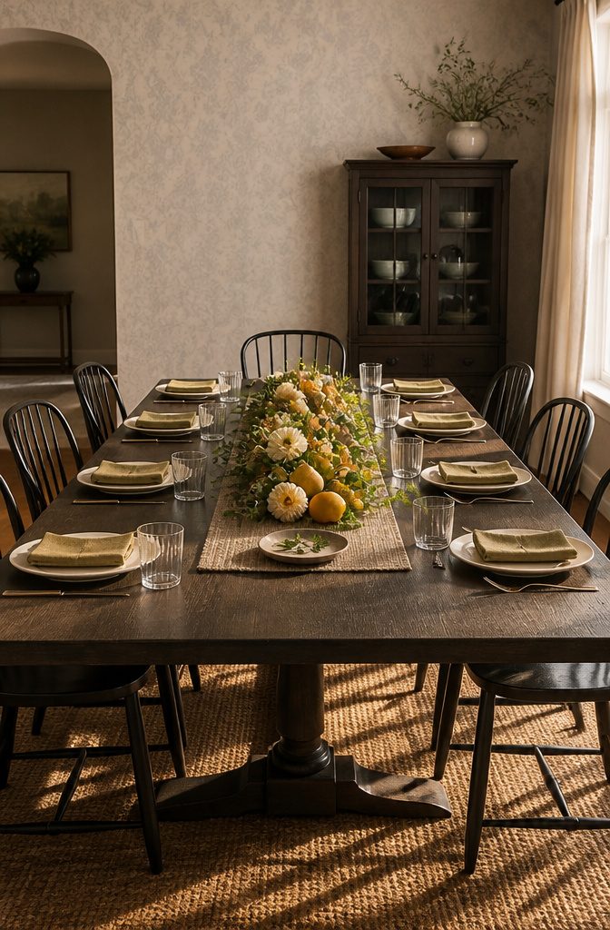 How to Set a Table for Dinner in 7 Steps 7 Low floral centerpiece between dinner plates and glassware on a dining table