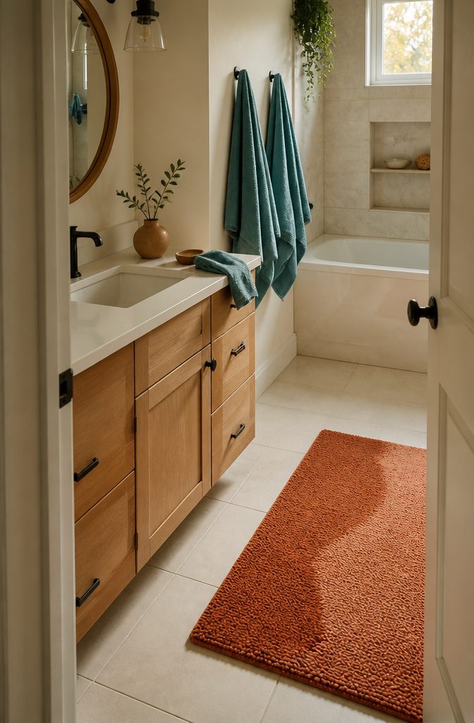 19 Ways to Style a Bathroom Without a Full Remodel 15 Teal towels beside a rust-colored bath mat on a pale bathroom floor