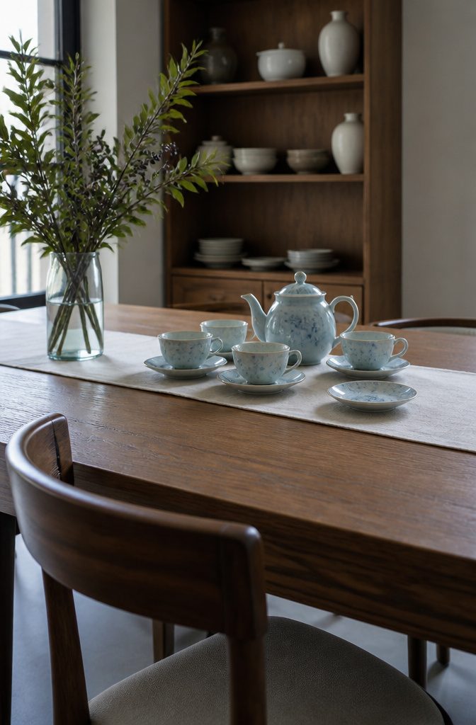 17 Ways to Decorate a Dining Table (With Style Tips) 17 Blue-glazed porcelain cups saucers and teapot on a linen runner