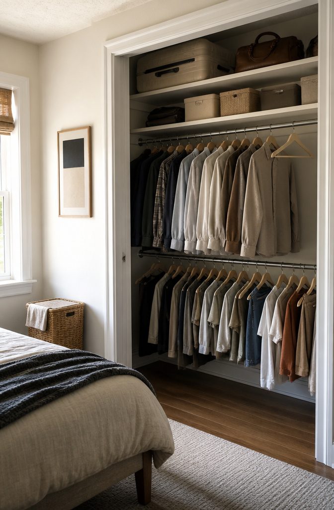 12 Ways to Organize Your Small Room Without Wasting Space 14 Closet with two hanging rods upper shelves and a laundry basket