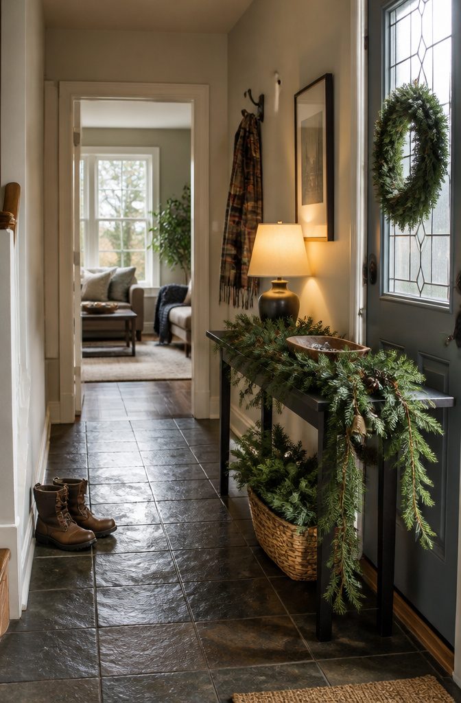 18 Ways to Decorate a House for Christmas 11 Entryway with a wreath and fresh evergreen garland on a console