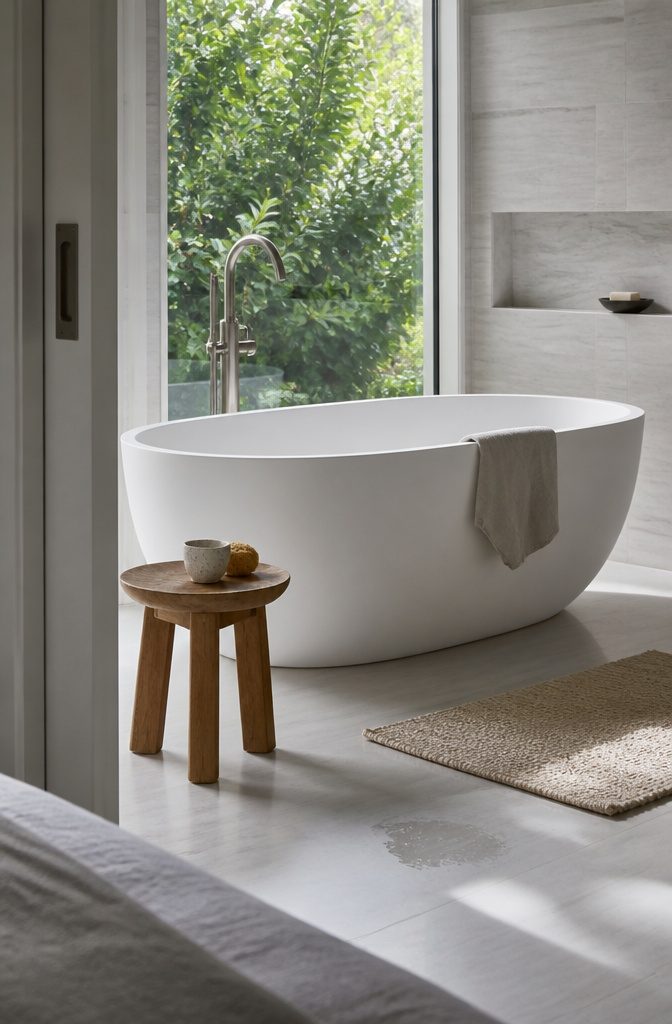 18 Ways to Style a Modern Bathroom 13 Clawfoot tub with polished nickel feet beneath a window framed in marble tile