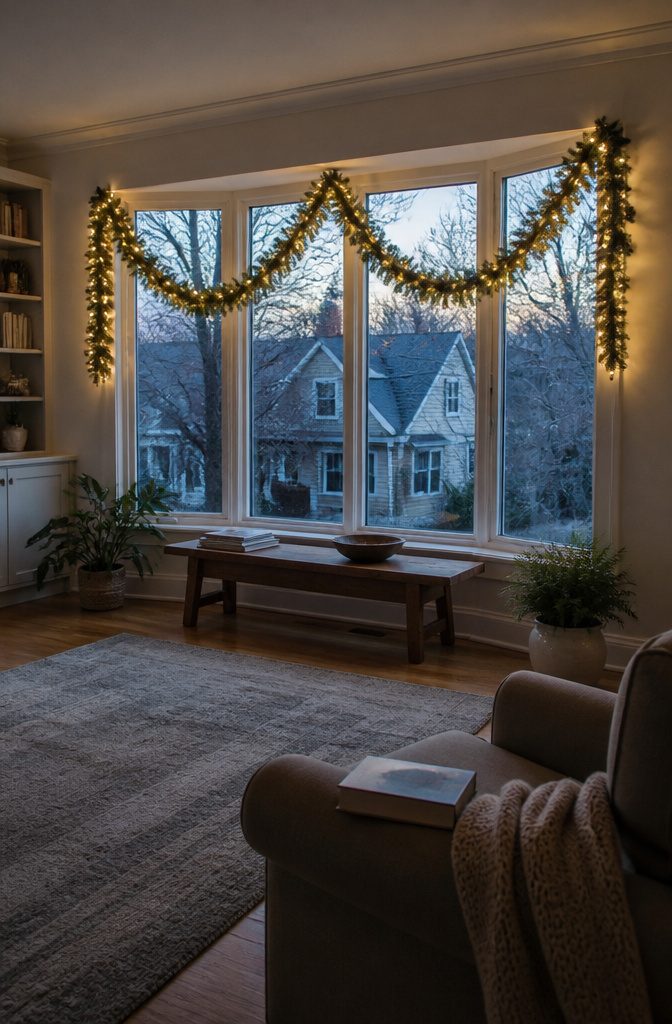 18 Ways to Decorate a House for Christmas 5 Pre-lit evergreen garland hanging in swags across a large window