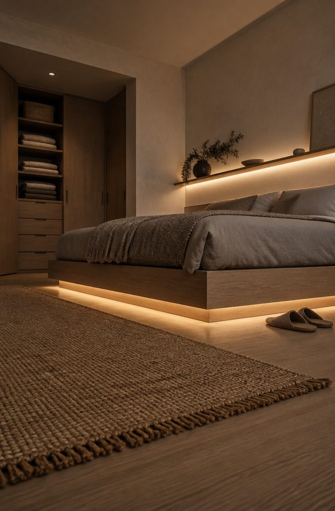 Warm LED strip beneath a bed beside a shelf rug and wardrobe
