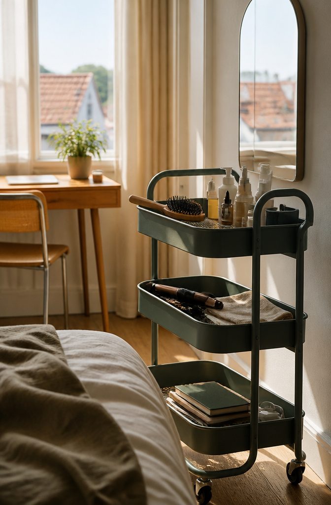 12 Ways to Organize Your Small Room Without Wasting Space 11 Three-tier rolling cart holding bedroom supplies beside a desk