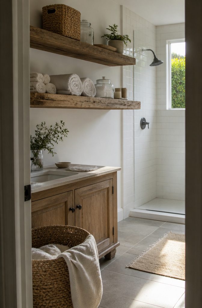 Bathroom shelves with rolled towels seagrass basket and glass jar