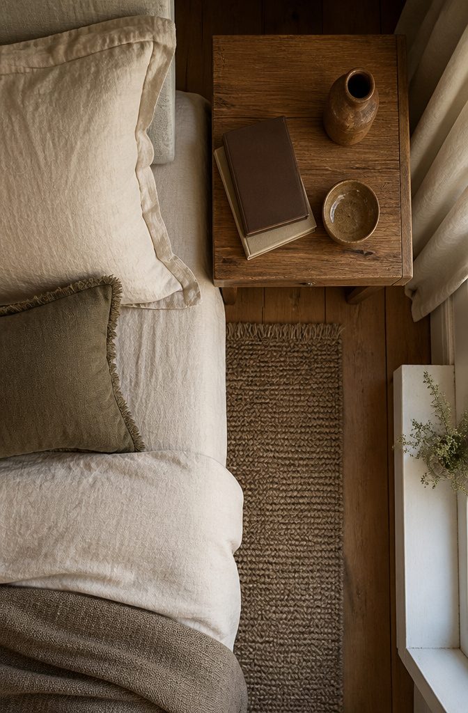 Nightstand with hardcover books, ceramic dish, and framed travel photo