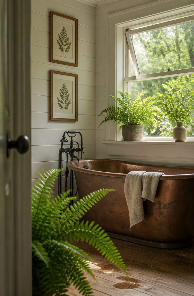 Copper bathtub beneath a window with fern and framed botanical prints