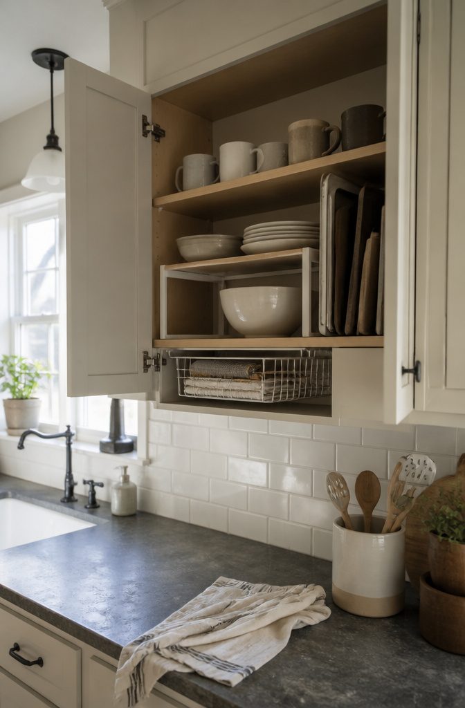 12 Ways to Organize a Small Kitchen That Actually Work 6 Open cabinet with stacked plates on a shelf insert and upright baking sheets
