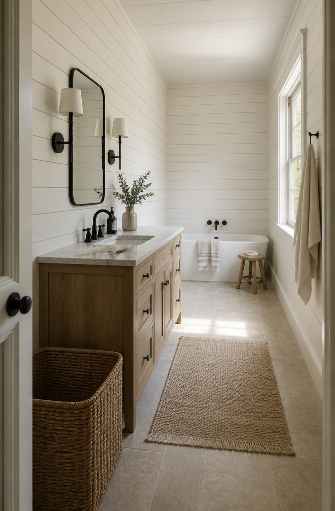 Farmhouse bathroom with white horizontal shiplap wall paneling